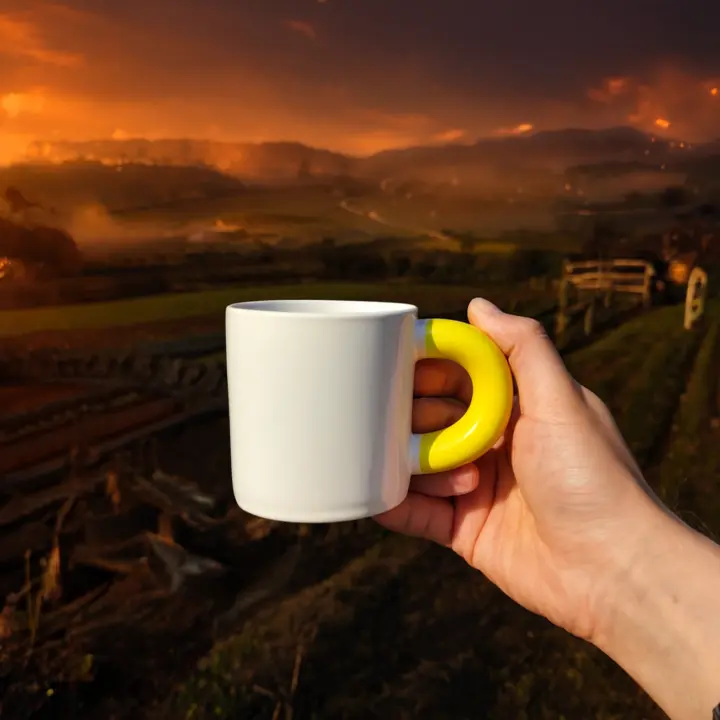 Cinematic product advertisement showing _mug_ being held by a right hand in a natural position in an elegant, realistic agricultural setting. Sunset lighting with warm tones and soft shadows creating a luxurious and d.webp